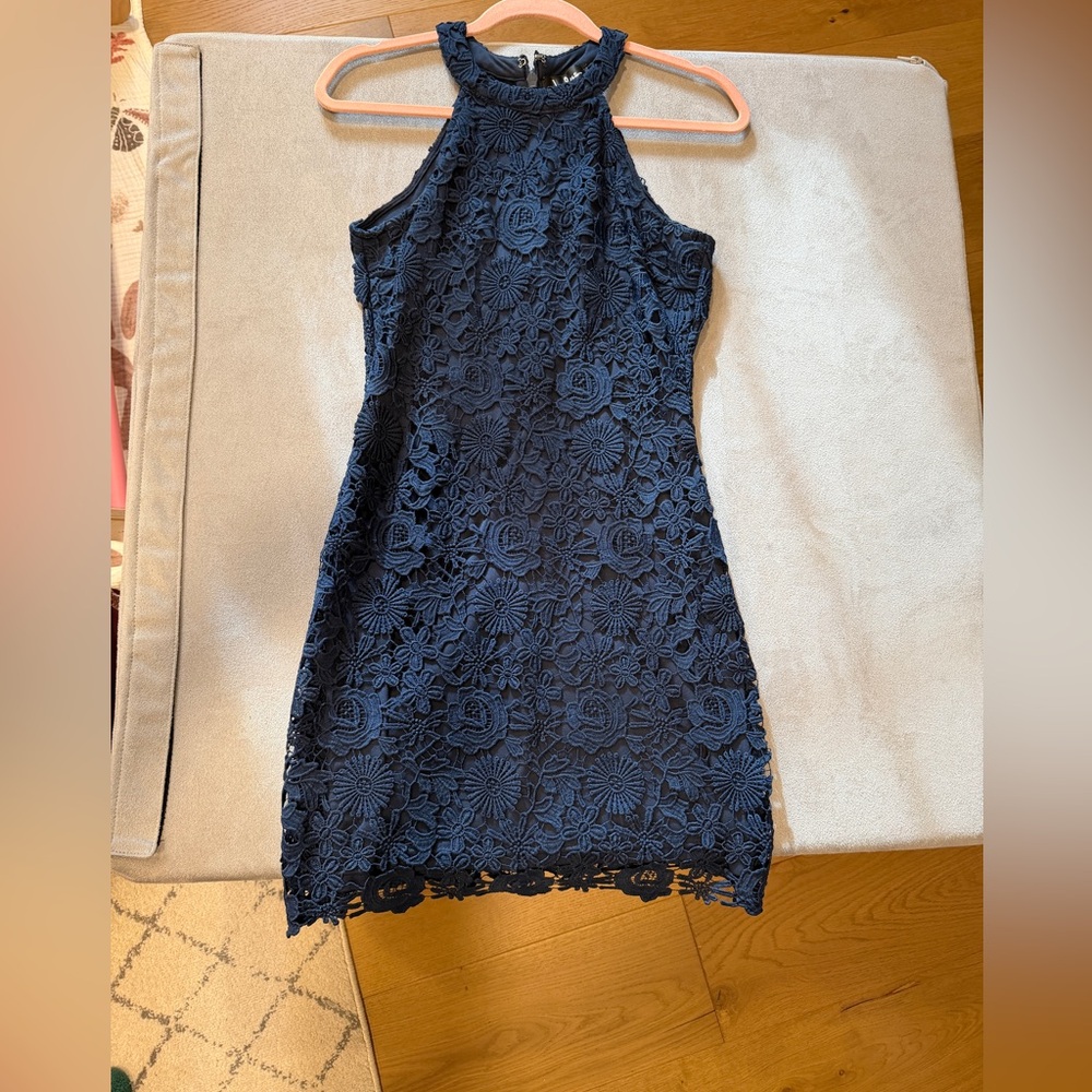 Lulus Love Poem Navy Blue Lace Mini Dress